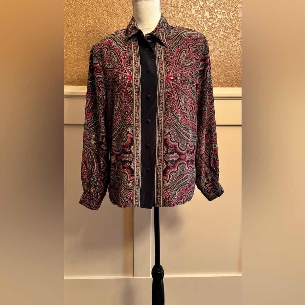 Talbots Red and Black Silk Paisley Blouse